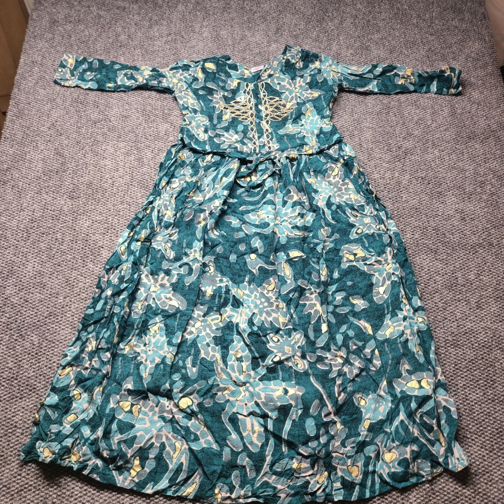 Kanchan Kids Teal Gold Foil Abstract Floral Embroidered Maxi Dress Size 40